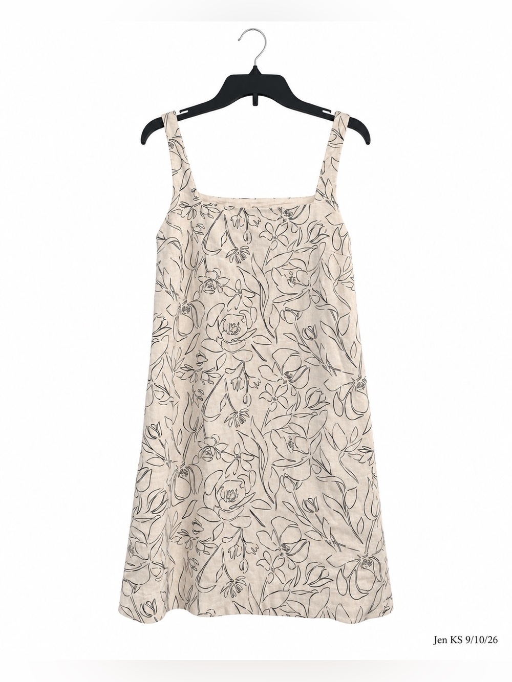 A New Day Botanical Shift Dress Women’s Medium Beige Black Cotton Linen Pockets